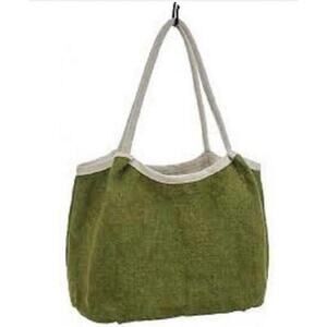 Large Tote Bag Shopper Cotton Jute Woven Canvas 22" Green Grocery Purse New